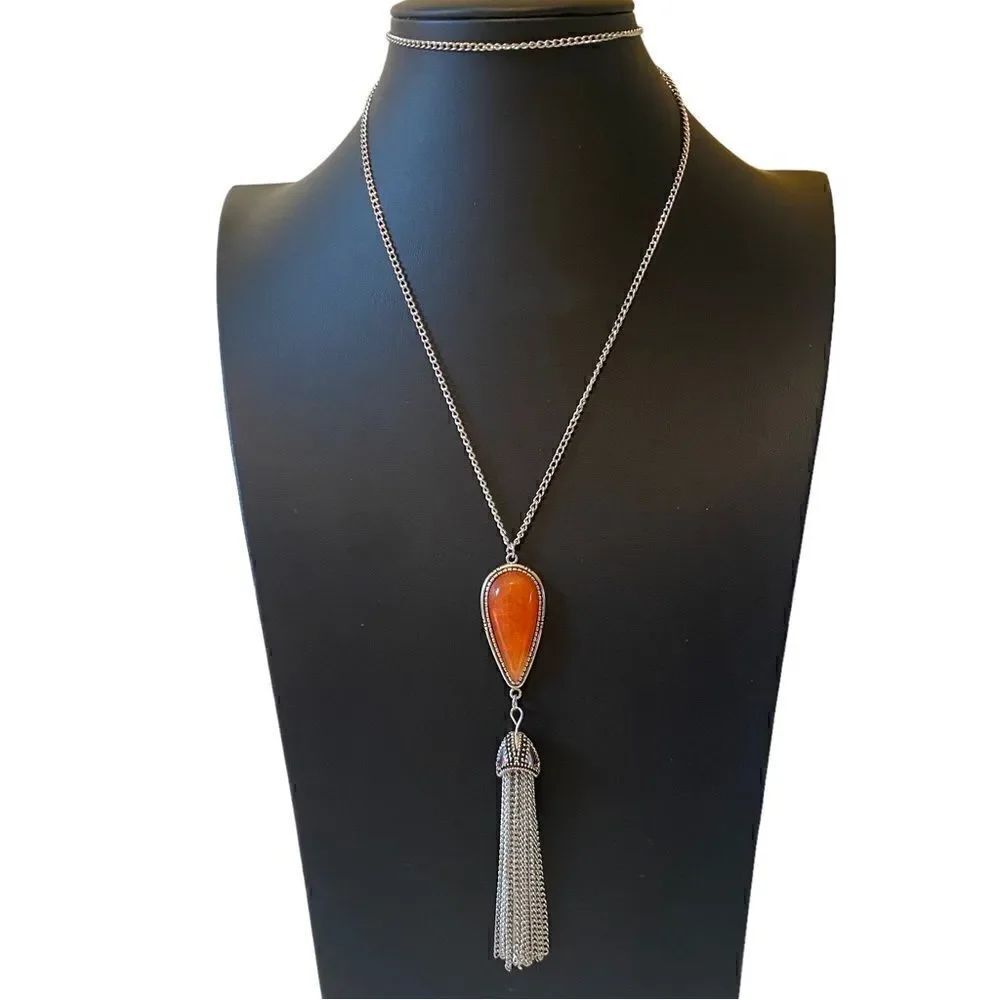 Tear Drop Shaped Orange Stone & Tassel Pendant Statement Necklace.